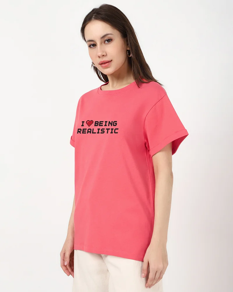 بيواكوف Women's Coral Pink Realistic Typography Boyfriend T-shirt